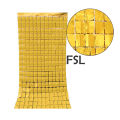 Square Box shape metallic tinsel fringe foil curtain party backdrop in Golden. 