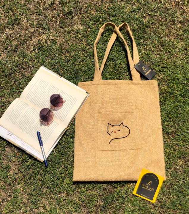 Golden%20Tote%20Bag%20-%20Cat%20Embroidery%20%20Hand%20Made%20Women's%20Bag%20for%20Laptop%20&%20Books%20with%20large%20capacity%20%20%20Shoulder%20Bag%20,%20laptop%20bag,%20University%20bag%20,%20Female%20handbag%20,%20Shopping%20bag%20with%20pocket%20inside%20and%20Front%20side%20%20Special%20for%20college%20,university%20&%20office%20-%20Image%204