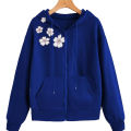 New Royal Blue Side Flower Printed Hoodie Zipper For Girls and Women. 