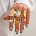 New 2026 6Pcs/Set Vintage Flower Metal Rings Baroque Imitation Pearl Ring Female Niche Exaggerated Open Ring Fashion Jewelry Rings. 