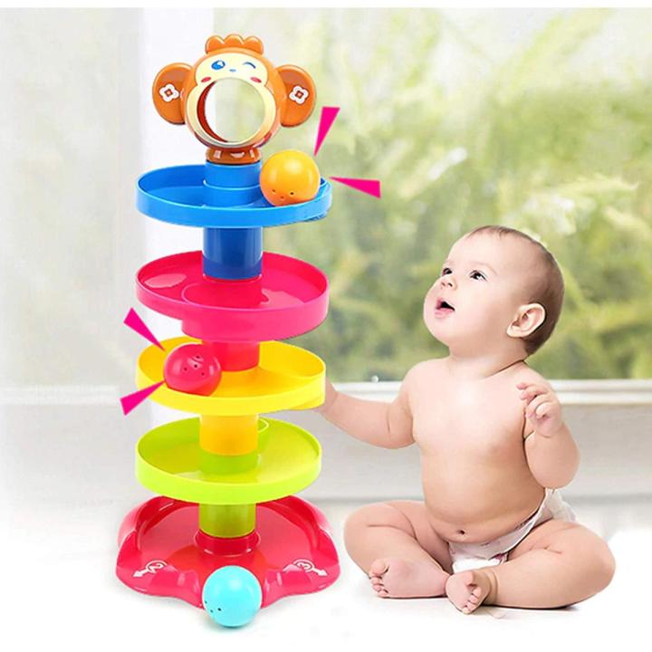 Huanger Roll Ball Game - 5 Layers Swirling Ball Ramp Roll Ball Toy for Baby Kids | Drop and Go Ball Stack and Toss Game with 3 Balls | Plastic | Multi Color | for Toddlers