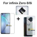 Pack of 3 - infinix Zero 8i Tempered Glass Screen Protector 2.5D Polish Glass + Back Matte Protector Soft Skin Sheet Carbon Fiber Film Protection With Sides Cover + Camera Lens Glass Protector For 08i zero8i infinix  - Transparent. 