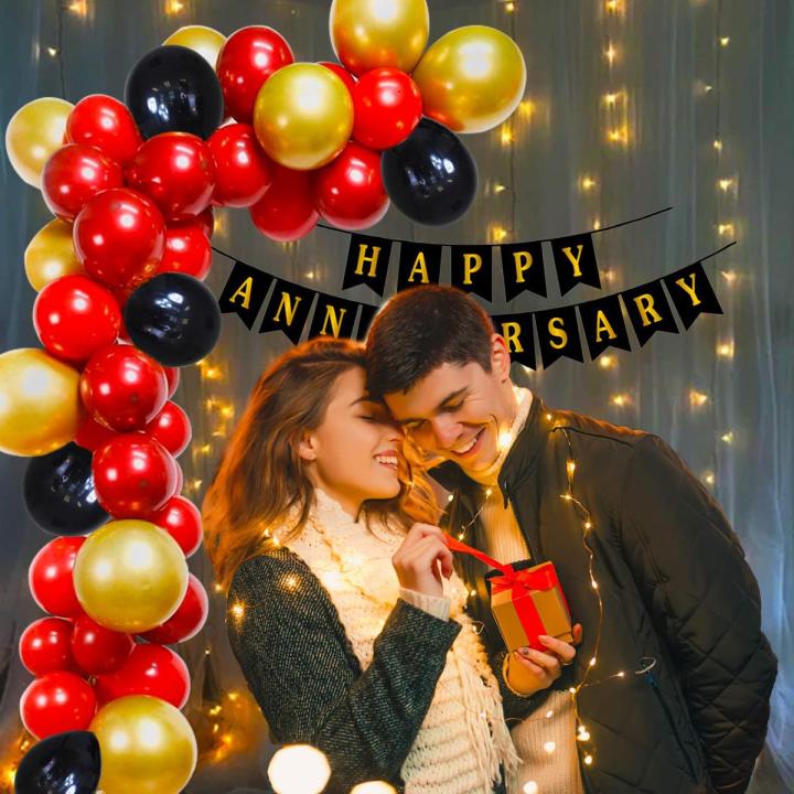 Anniversary Decorations for Home With Happy Anniversary Banner Kit, Metallic Balloons 1set LED Lights Combo 34Pcs for 25th 50th 1st Wedding Party Decoration, Mom DAD