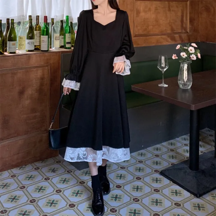 Women%20Solid%20Long-sleeve%20Over-he-knee%20A-line%20Black%20Dress%20-%20Image%204
