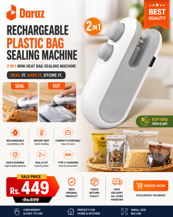 Rechargeable Plastic Bag Sealing Machine 2 In 1 Mini Heat Bag Sealer Handheld Portable Food Bag Sealer with Type C Charging