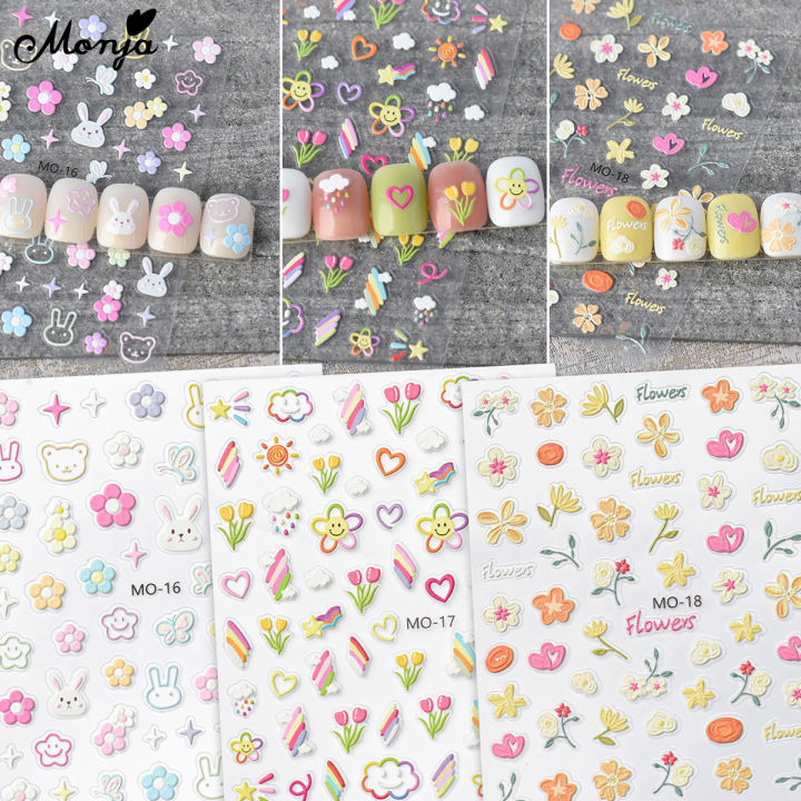 Monja 5D Nail Stickers Cute Embossed Flowers Reliefs Adhesive Decals Floral Leaf Pattern Gel Polish DIY Nail Art Decoration Tool
