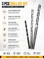 3PCS Drill Bit Set for Wall, Wood & Iron | High Hardness Steel Electric Drill Bits | Masonry Metal Wood Drill Bit Set | Heavy Duty Drill Machine Accessories. 