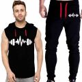 5 Ú Black Vinyl Dumble Printed Gym Summer Hooded Sleeveless Tracksuit for Mens (Hooded Tshirt + Trouser ). 