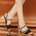【FOOT SOFA】Korean Style Women Sandals Fashion New Women Summer Square High-heeled Shoes Slipper Bright colors Sandals Fashion Shoes Work female shoes women shoes. 