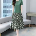 2pcs Women Suit Short Sleeves Round Neck T Shirt Floral Printing Midi Skirt Casual Fashion Two Piece Suit. 