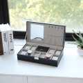 Jewelry Box 8 Slots Watch Organizer Storage Case PU Leather with Lock Hanging Hooks and Mirror for Men Women. 