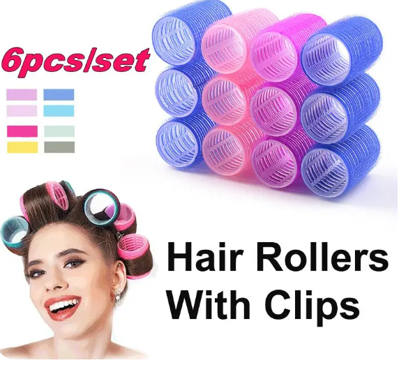 Pack of 6 Hair Rollers and Curlers with Clips - Hair sectioning clips pack of 6 - Self Grip hair roller with clips - Roller and clip - Velcro Hair rollers with clip - Hair styling - Hair curler - Magic roller - hair clip - Medium and large roller