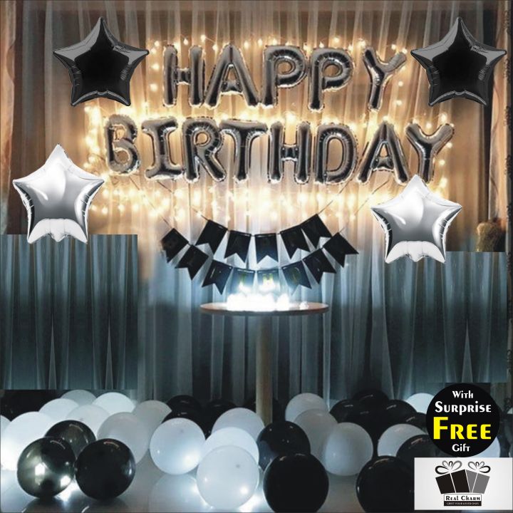 Happy Birthday Grand Decoration Theme Set Golden/Silver/Black/Shining Blue - 13 Pcs Happy Birthday Foil Balloons Set,13Pcs Birthday Card Banner, 4 Star Foil Balloons, 40 Plus Latex Balloons and 2 Golden Fairy Lights Strings For Birthday Party Decoration