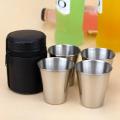 4 Pcs/Set Polished 30 Ml Mini Stainless Steel Shot Glass Cup Drinking Glasses With Leather Cover Bag For Home Kitchen Bar. 