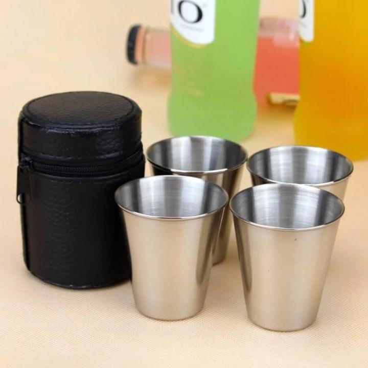 4 Pcs/Set Polished 30 Ml Mini Stainless Steel Shot Glass Cup Drinking Glasses With Leather Cover Bag For Home Kitchen Bar