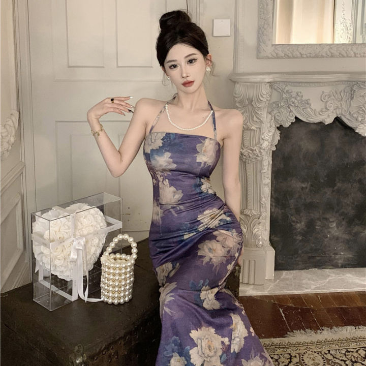 Printed Hanging Neck Hip Bag dress Slim-fit Slimming Elegant Long Dress Women's Spring and Summer New French Niche Strap Skirt