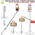 4 in 1 Wireless Selfie Stick & Tripod With Light - 70cm / 100cm / 170cm With & Without Light - Tripod, Selfie Stick, Selfie Light, Bluetooth Shutter - Foldable & Portable For All Mobile Phones With Detachable Charging Cable - Black & Pink. 