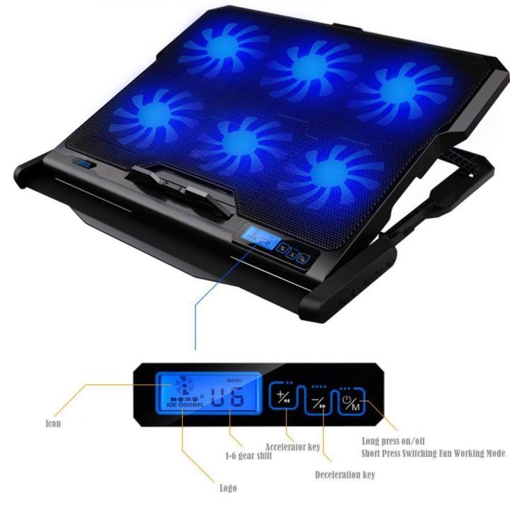 Laptop Cooling Pad, 6 Fans LCD Screen Gaming Laptop Cooler - 6 Gear Strong Wind Speed Designed, Dual USB Ports, Adjustable Mount Stand