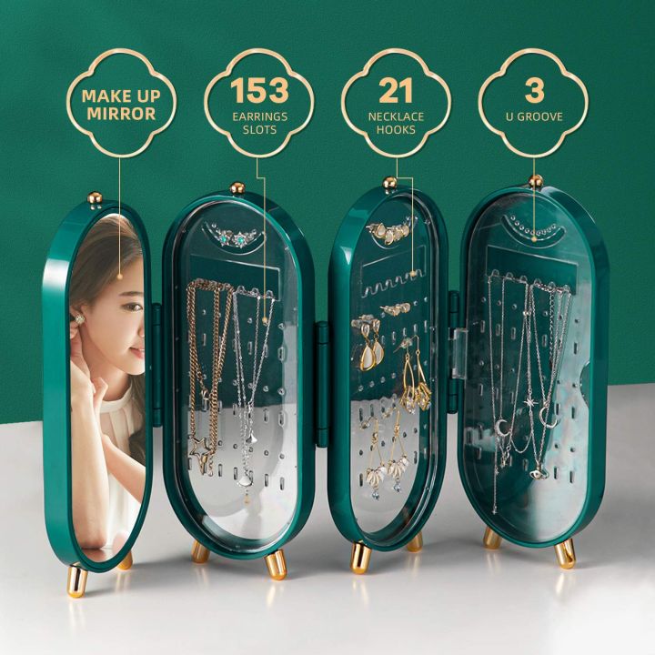 New Fashion 4 Layer Foldable Jewellery Organizer 4 Doors Jewelry Display Rack Storage Hanging Necklace Earrings Box Vanity Hanger Stand 23.5 x 11.5 x 6.5 cm
