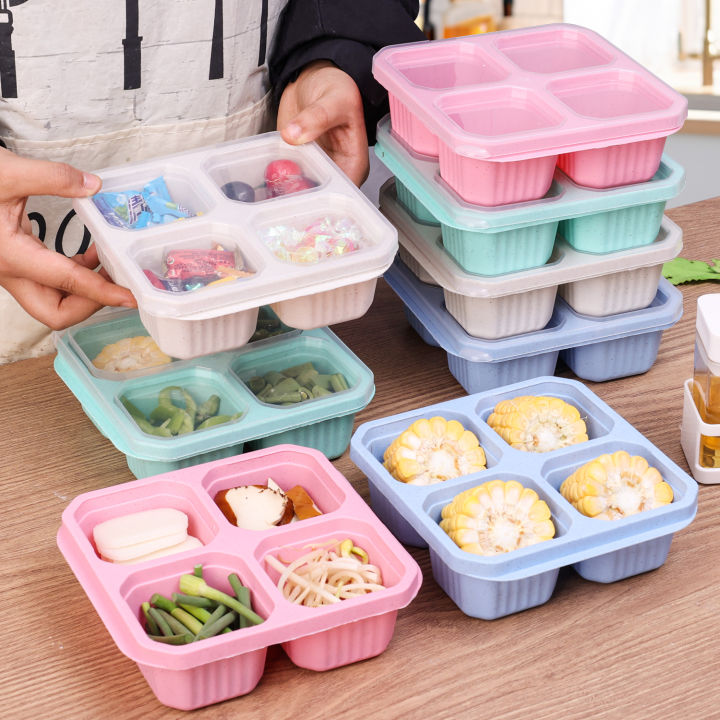 Reusable 4 Compartments Lunch Box Nut Candy Box with Cover Wheat Straw 4 Grid Snack Containers
