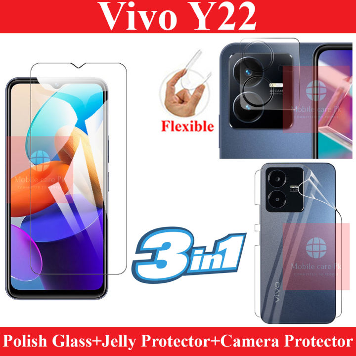 Vivo Y22 Tempered Glass Screen Protector + Back Hydrogel Soft Film jell Protector Sheet + Flexible Camera Protector 9H Gorilla Protector For Vivo Y22