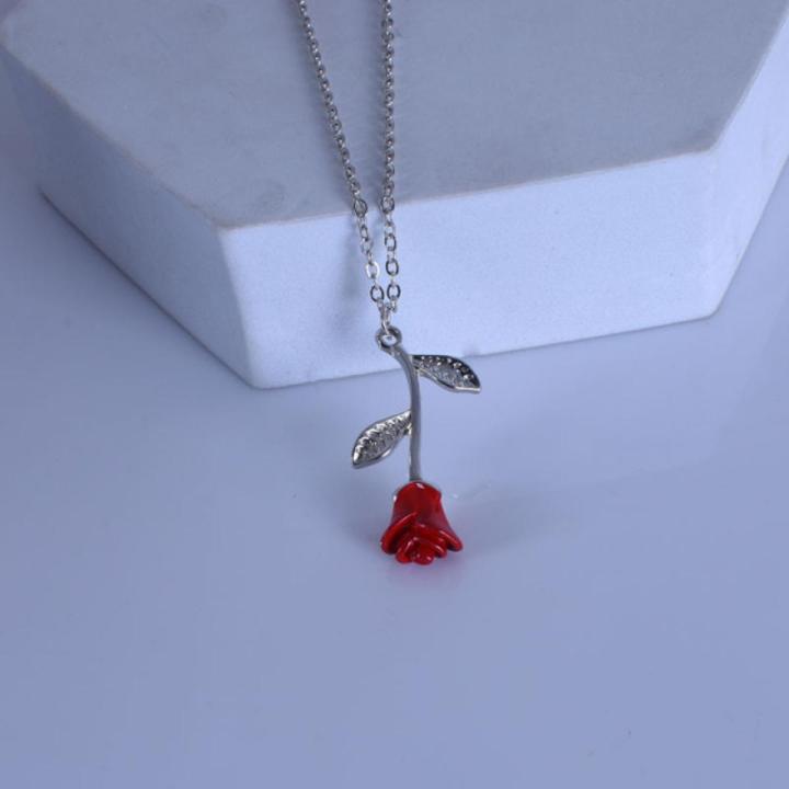 New Retro Rose Flower Pendant Charm Party Red Necklace Female Accessories Banquet Jewelry Girlfriend