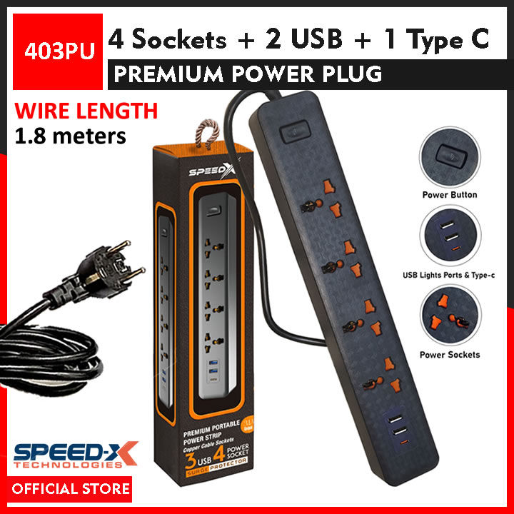 SpeedX 403PUC Power Strip Multi Power Plug Extension Board with 3 USB Ports + 4 Sockets Universal Travel Charging Adapter