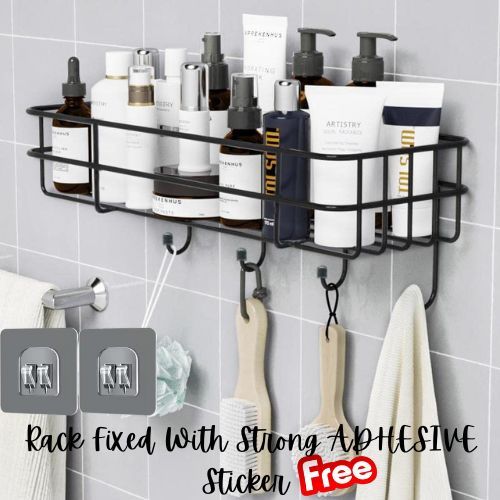 Bathroom Storage Hanging Shelf - Wall Mounted with Hooks, Fixed with ...