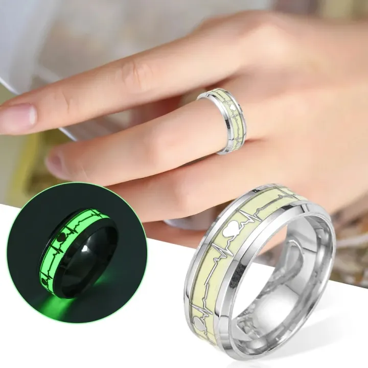 Personalized Glow In The Dark Couple Rings - Stainless Steel Heartbeat Matching Set With Free Engraving, Promise Wedding Rings For Men & Women