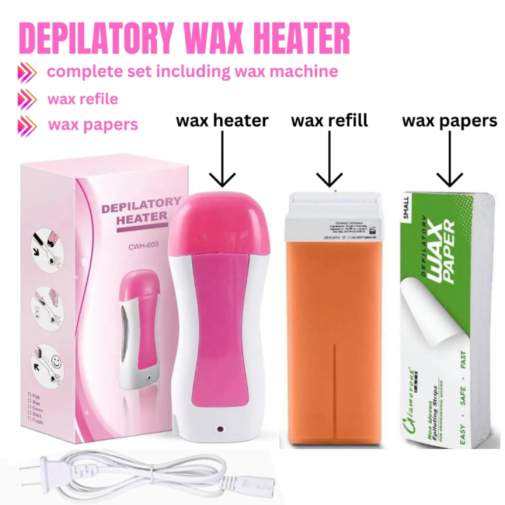 Depilatory Wax Heater, Wax Roll On Heater, wax machine 3 in 1 Depilatory Roll On Heater Waxing with Epilator Machine Cartridge Heater for Skin Underarm Hair Removal Face Skin Care Tool, WAX REFILE AND STRIPS INCLUDED