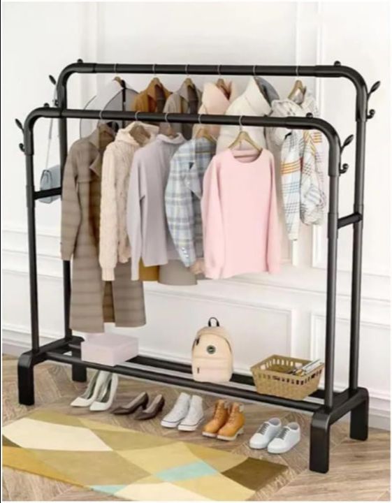 Double Coat Rack And Clothes Hanger Stand With Side Hooks And Bottom ...