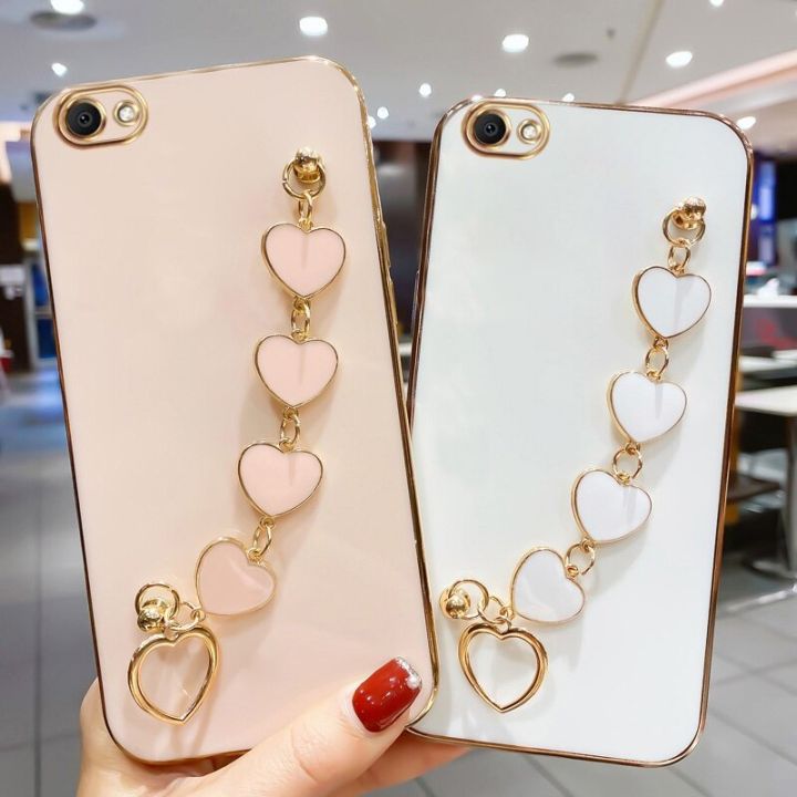 COROGI for Vivo Y66 Back Cover with Love Heart Bracelet Luxury 6D Plating Frame Shiny Chain Cases Soft Silicone Square Protective Mobile Phone Case for Girls Boy