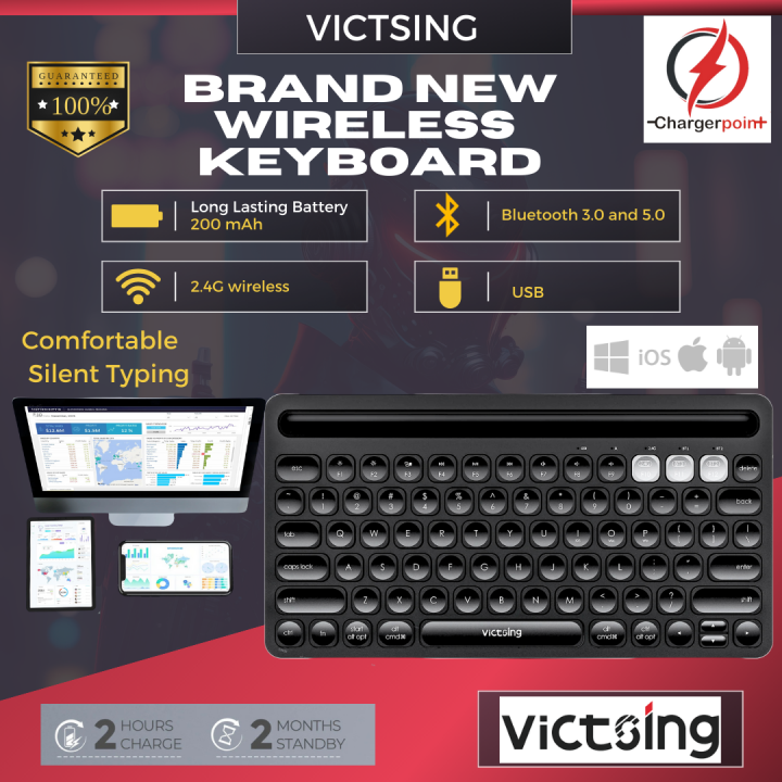 Victsing USB Wireless Keyboard, Dual Mode Bluetooth Keyboard with Integrated Holder for iOS, Mac, Windows and Android