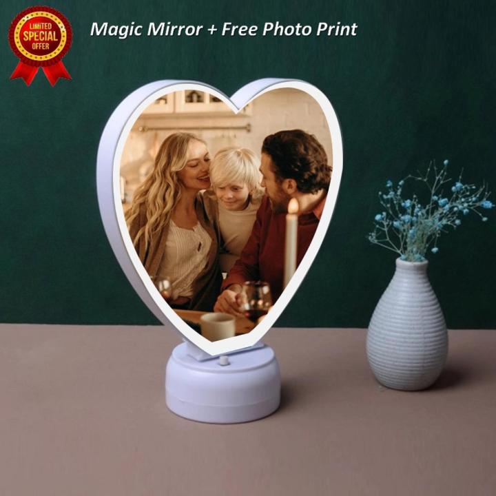 Magic Mirror Heart Shape  Large Size + Photo Frame + LED Lights + Your Free Printed Photo - Special Offer High Quality Switch Off Mirror Switch On Your Photo Frame
