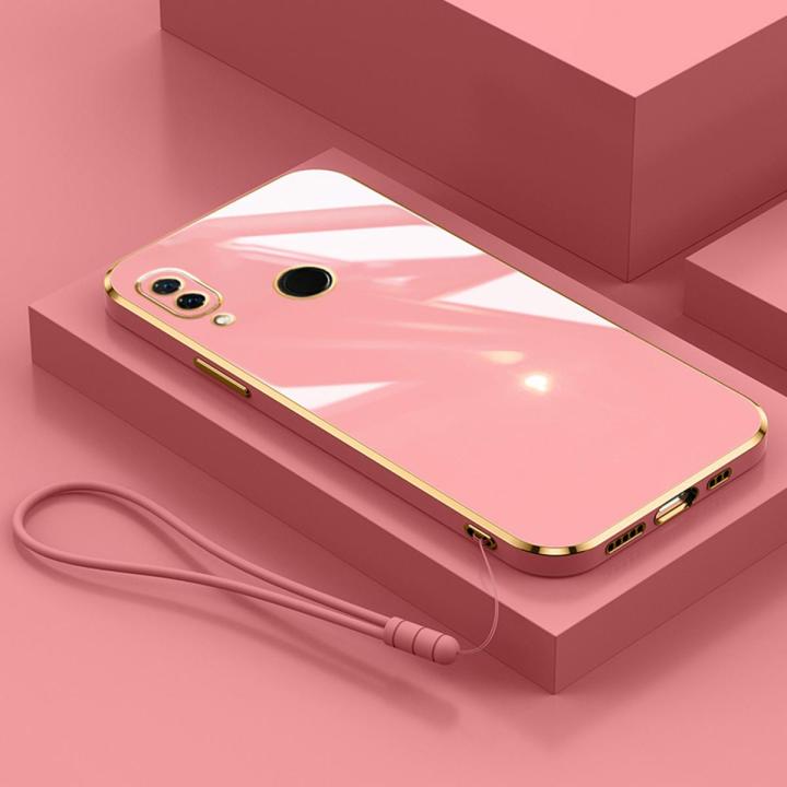 For Huawei P20 Lite Cover with Wrist Strap Fashion Shiny Plating Square Bumper Girls Phone Case Soft TPU Silicone Shockproof Protective Back Cover