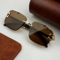 Modern Rimless Sunglasses for Men – Premium Gold Metal Detailing, Brown Lens | With Pouch & Hard Case Box. 
