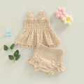 Toddler Baby Girls Summer Outfit Solid Color Cutout Pleated Tank Tops and Stretch Casual Ruffle Shorts Set. 