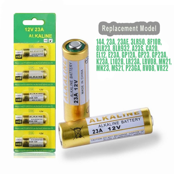 5 Pcs Pcs Alkaline Battery 23A- 12V - Also Replacement Model Same Size, 144, 23A, 23AE, 3LR50, 8F10R, 8LR23, 8LR932, A23S, CA20, EL12, E23A, GP12A, GP23, GP23A, K23A, L1028, LR23A, LRV08, MN21, MN23, MS21, P23GA, RVO8, VR2,2 V23GA