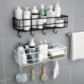 Bathroom Metal Shelf with 4 hooks for Room and Bathroom Storage Hanging Shelf Organizer-Wall-Mounted Spice Rack Organizer, Shower Shampoo Holder, Bathroom Corner Frame,black, white. 