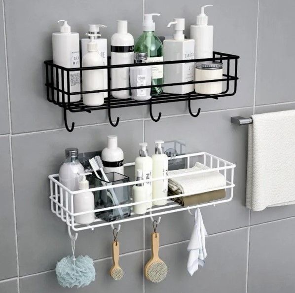 Bathroom%20Metal%20Shelf%20with%204%20hooks%20for%20Room%20and%20Bathroom%20Storage%20Hanging%20Shelf%20Organizer-Wall-Mounted%20Spice%20Rack%20Organizer,%20Shower%20Shampoo%20Holder,%20Bathroom%20Corner%20Frame,black,%20white%20-%20Image%203