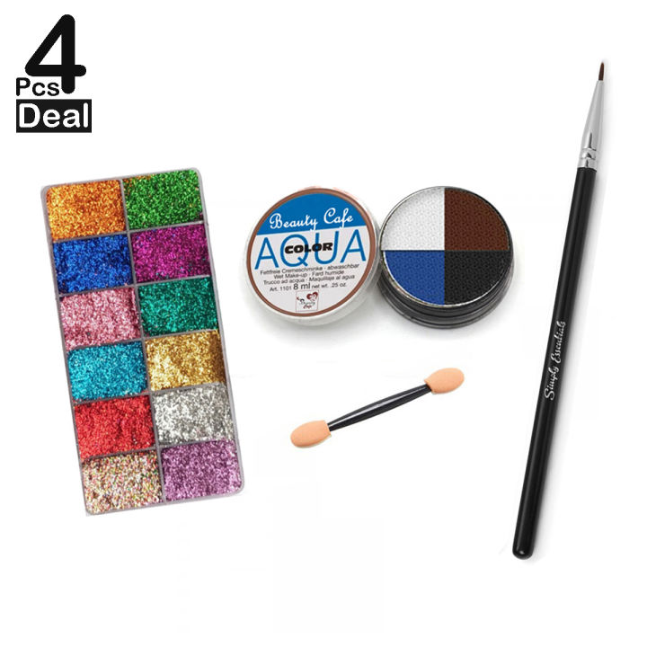 4 Pcs Makeup Deal Set - 12 Color Glitter Eyeshadow Palette Kit - 1 Mini Lip & Eye Shadow Brushes - 4 Color Aqua Cake Eyeliner With 1 Eyebrow Eye Liner Brush - Dry Liner Black Brown Blue White Shade - Cosmetic Pressed Dust EyeShade Deals Box