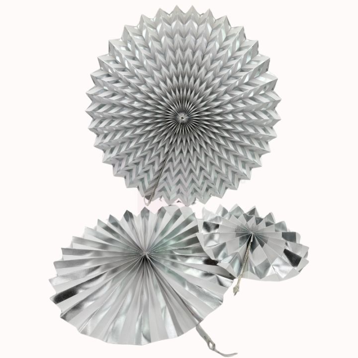 SILVER COLOR PAPER FANS - PACK OF 3 PAPER FANS - 3 SIZE PAPER FAN SILVER THEME