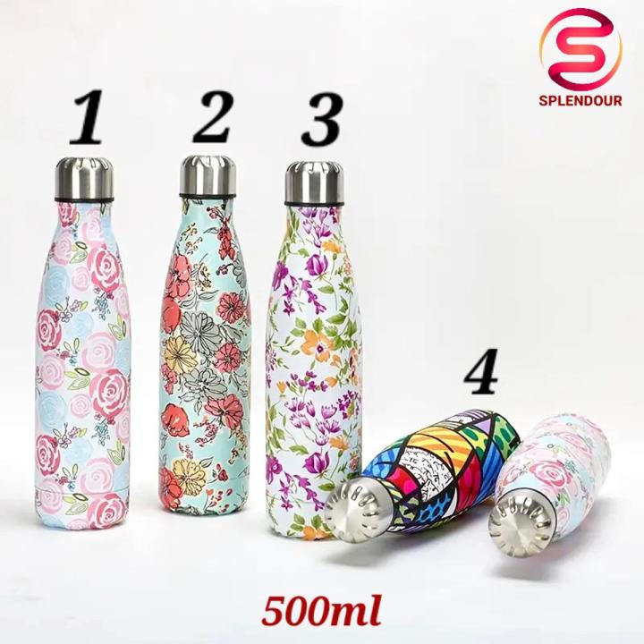 Floral High Quality 500ml Double-Wall Insulated Vacuum Water Bottle Printed Thermos Tea/Coffee Cup Vacuum Flask Stainless Steel Insulated Drink Bottle for Outdoor Sport