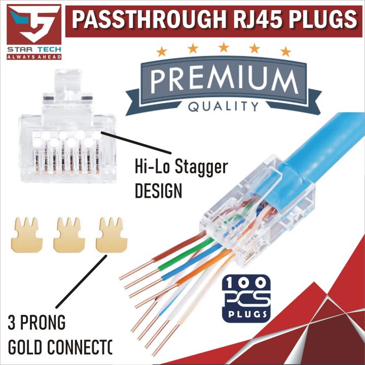 Staggered EZ RJ45 Cat6 / Cat5e Pass Through Connector - 8P8C Gold Plated Passthrough