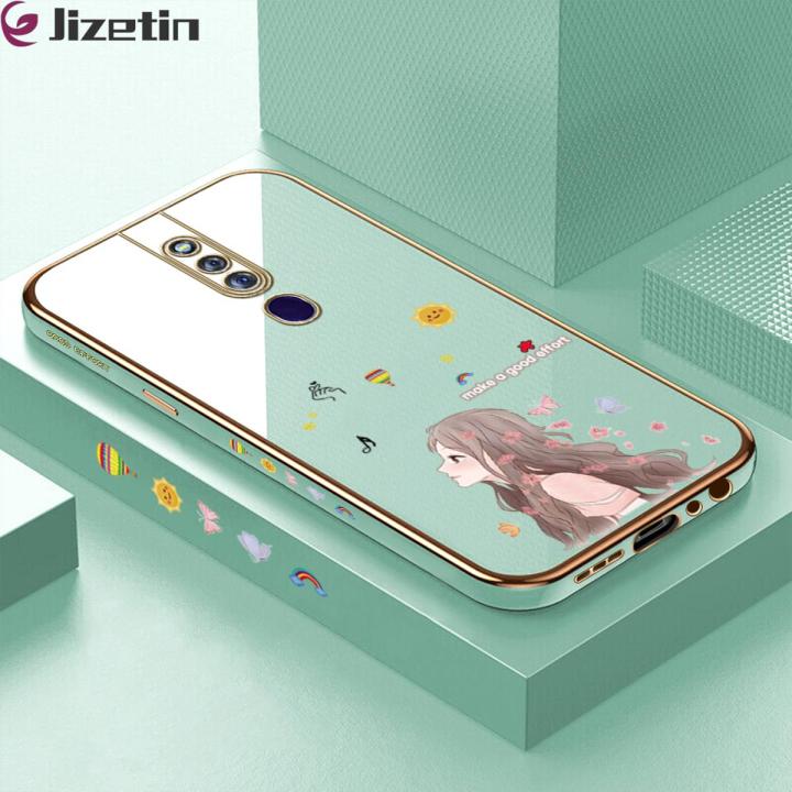 Jizetin (Free Lanyard) for OPPO F11 Pro Back Cover Butterfly Girl Luxury 6D Plating Case Side Pattern Soft Silicone Square Mobile Phone Cases