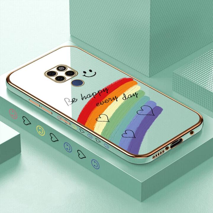 Luxury 6D Plating Case for Huawei Mate 20 Smile Rainbow Lover Heart Side Pattern Back Cover Soft Silicone Square Frame Shiny Bling Phone Cases + Free Lanyard