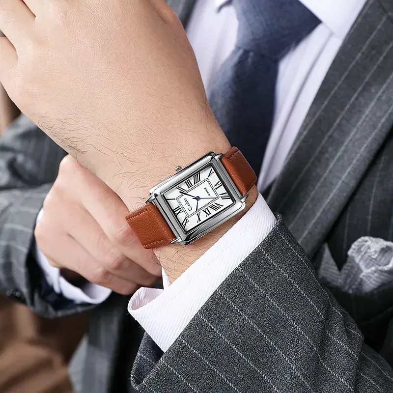 Mens rectangular watch leather strap sale