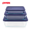 PYREX Rectangular Glass Food Storage Container Set with Blue Lids 6-piece. 