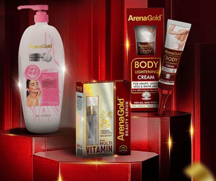 Arena Gold Skin Savior Bundle,Vitamin Serum 5ml+Face & Body Lotion 500g+Body Lightening Cream 25g