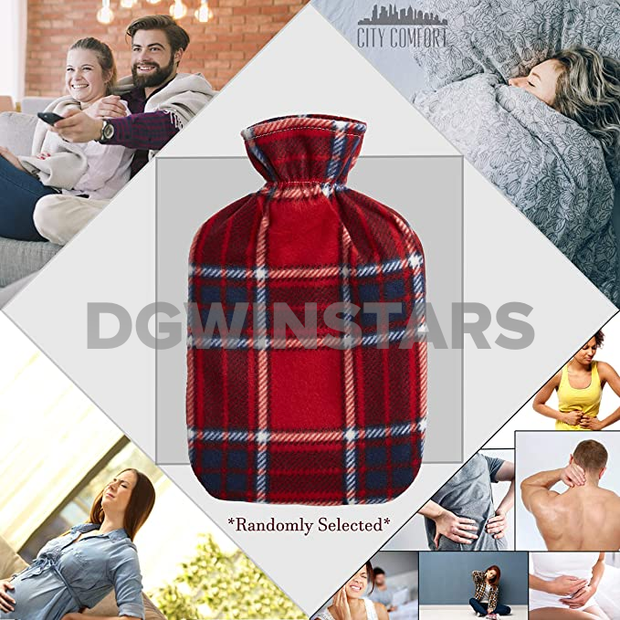 Hot Water Bottle with Fleece Print Soft Cover, Premium Natural Rubber, 2 Litre Capacity